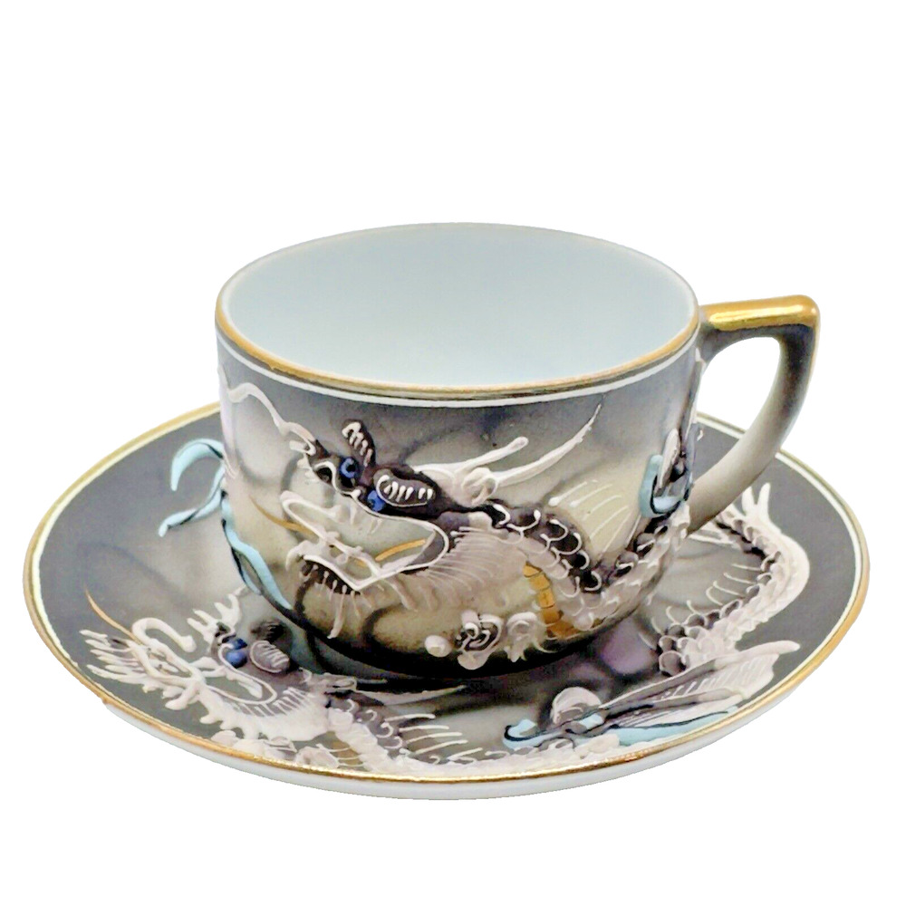 Vintage Geisha Lithophane Dragonware Small Teacup & Saucer Moriage Black Japan